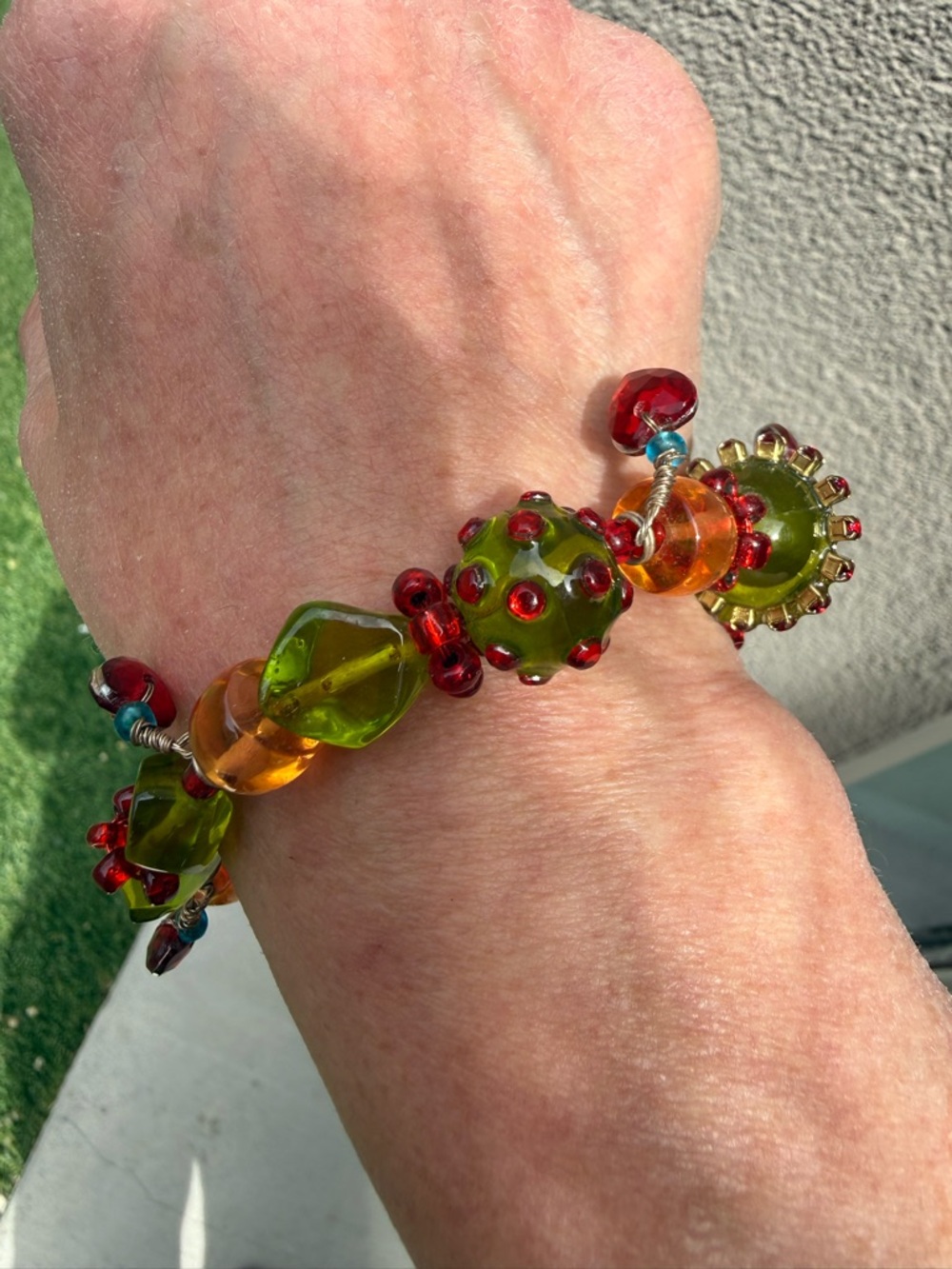 Lalo Treasures Orna Lalo Beaded Bracelet Olive Green Red Amber Resin Art